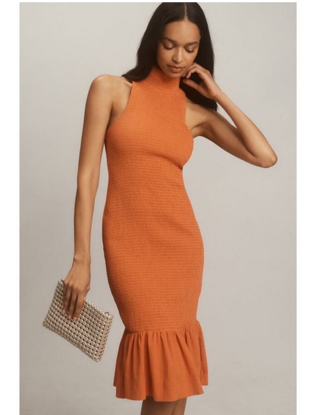 Anthropologie Sleeveless Mock-Neck Textured Midi Orange Dress New SZ M